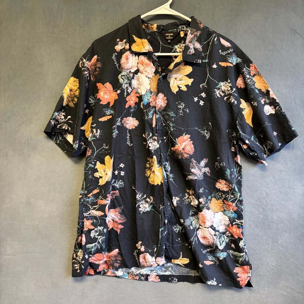 Superdry Studios Open Collar Shirt Size 2XL Black Floral Short Sleeve